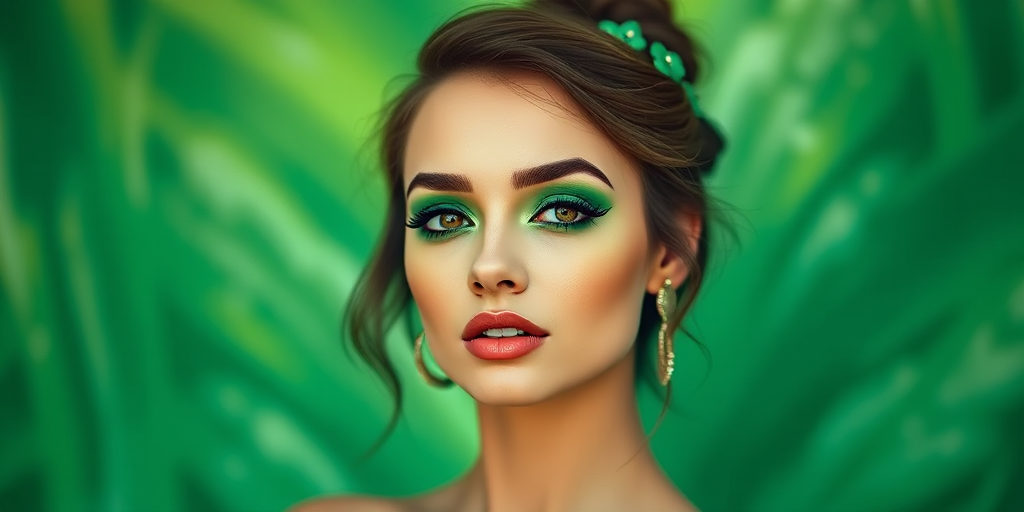 portrait of a woman with bold green makeup and hair accessory, abstract green background, soft focus, aperture f/1.8, ISO 100, 85mm lens, natural light, high-resolution DSLR