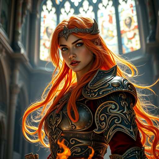 Create a detailed fantasy character portrait of a fierce warrior princess with long flowing orange hair and ornate armor featuring fiery elements, set in a grand castle interior with sunlight streaming through stained glass, using a Canon EOS R5, 50mm f/1.2 lens, ISO 100, f/2.8, and a low angle view to enhance depth of field and dramatic lighting.
