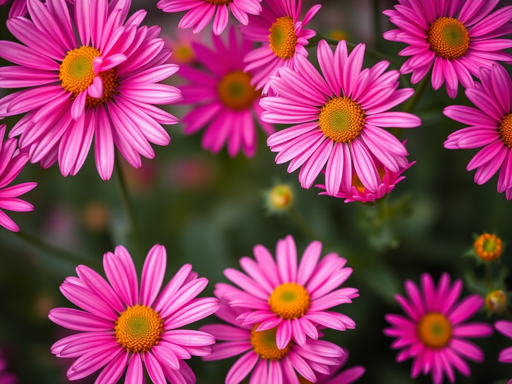 Regenerate a vibrant floral frame featuring pink daisies, with a soft focus background, using a DSLR camera, aperture f/2.8, focal length 50mm, ISO 100, and a close-up view to enhance detail and color saturation.