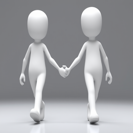 Create a high-resolution 3D render of two stylized white humanoid figures holding hands while walking towards the viewer, soft lighting, focus on smooth textures, depth of field, camera settings: ISO 100, f/2.8, 50mm lens, shot with a DSLR camera.