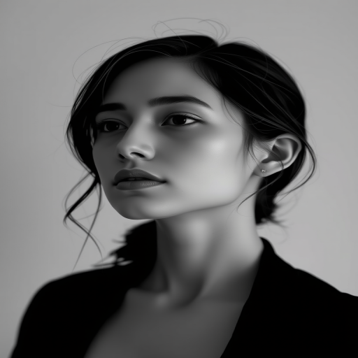 Generate a minimalist portrait of a woman in a continuous line art style, focus on her silhouette and expression with soft curves, use a high-resolution digital setting, aperture set to f/2.8 for a shallow depth of field, shot from a slightly elevated angle, using a mirrorless camera type to enhance image quality.