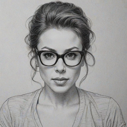 Appealing Alyssa Milano, pencil sketch, portrait of Attractive woman 1978s in glasses, hair style beatnik, outline, clear lines, fine lines, 8k
