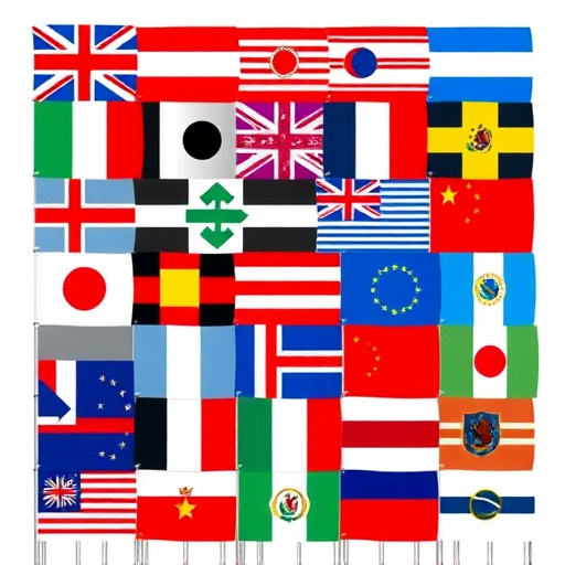 Create an image featuring a collage of various international flags arranged harmoniously, using a high-resolution DSLR camera with a 50mm lens, f/2.8 aperture, ISO 100, shot from a wide-angle perspective with vibrant color saturation and sharp focus.