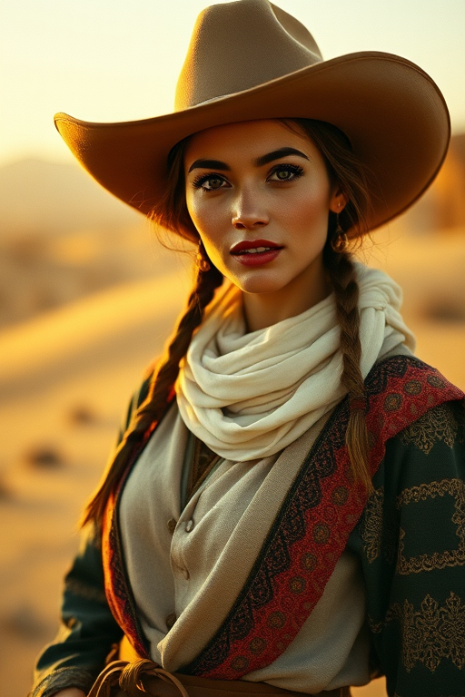 Dramatic photo of a beautiful Uyghur woman, classic cowboy attire, confident and free spirit expression, half-length portrait, centered, golden hour desert landscape, warm, diffused light, low angle, medium format film camera, in style of Annie Leibovitz.