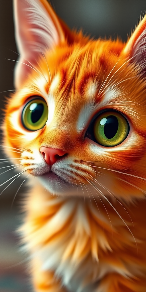 Create a vibrant cartoon-style image of an adorable orange cat with large green eyes and fluffy fur, captured in a close-up view, using a digital camera with settings at f/4, ISO 100, and 1/200 sec, emphasizing sharpness and vivid colors.
