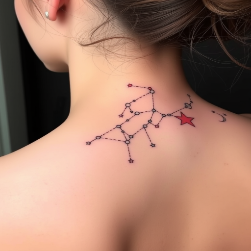 Minimalist fine line constellation tattoo connecting delicate stars and celestial bodies, forming a personalized zodiac map across the spine, with subtle touches of white ink for added dimension