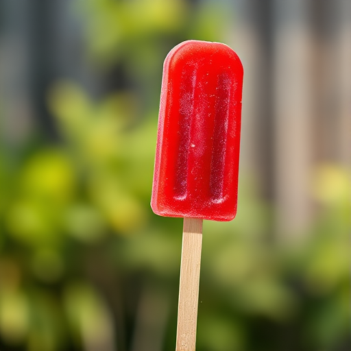 Create a hyper-realistic image of a red popsicle on a wooden stick against a blurred summer background using a DSLR camera with a 50mm lens, aperture f/2.8, ISO 200, and a shallow depth of field for enhanced focus on the popsicle.