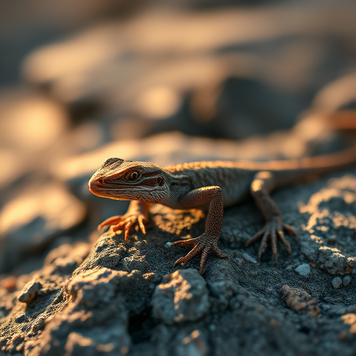 Close-up of a lizard on a rocky surface, shallow depth of field, golden hour lighting, ISO 100, aperture f/2.8, 50mm lens, DSLR camera, macro photography style.