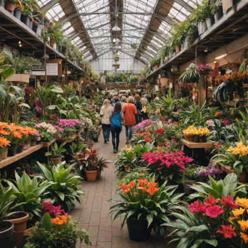Vibrant indoor plant market, with shoppers browsing a variety of exotic plants, the scent of fresh soil filling the air, and colorful flowers adding to the lively atmosphere.