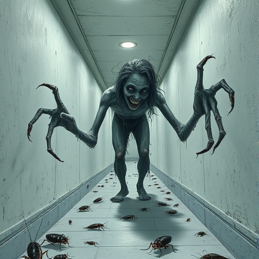 a crooked female with long arms and a creepy smile is crawling along a long white corridor and you can also see cockroaches in it there is a creepy atmosphere creepy art style