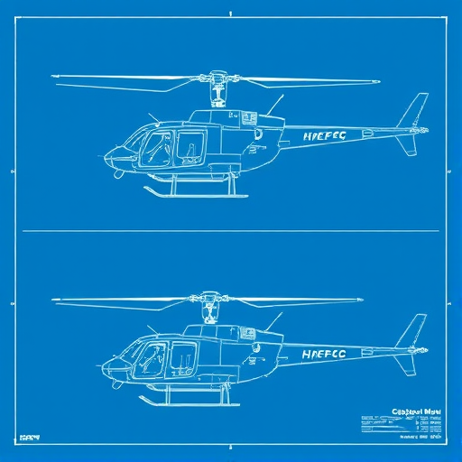 Create a detailed blueprint illustration of a helicopter from a top-down and side view perspective, using a high-resolution digital illustration style, with a clean blue background and white line art, shot with a Canon EOS R5 at f/8, ISO 100, 1/200 sec, 24mm lens for sharp detail and clarity.