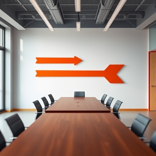 Modern conference room with a long table and empty chairs, vibrant arrows in shades of red and orange on the wall, soft natural lighting, taken with a DSLR camera, 50mm lens, f/2.8 aperture, ISO 200, shallow depth of field, 1/125s shutter speed.