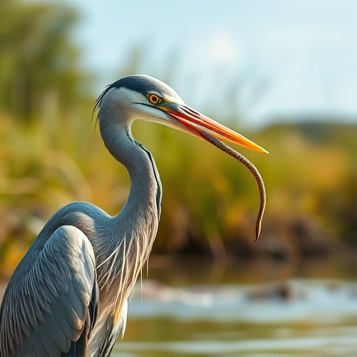 Create a highly detailed illustration of a heron with a snake in its beak, set in a natural riverbank environment, using a Canon EOS R5 camera, 85mm lens, f/1.8 aperture, ISO 200, natural light, and a shallow depth of field for a soft background.