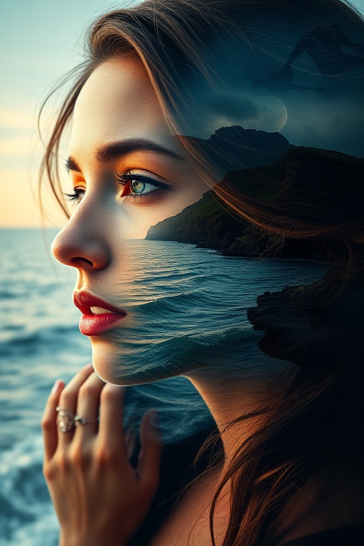 this picture is Book cover, A surreal double exposure portrait that blends a woman's face with a beautiful seascape. The overall mood is dreamy and mystical, with rich colors and intricate details