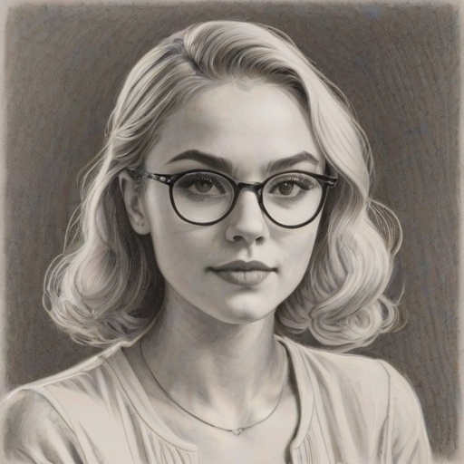 Charming AnnaSophia Robb, pencil sketch, portrait of Radiant woman 1944s in glasses, hair style beatnik, outline, clear lines, fine lines, 8k