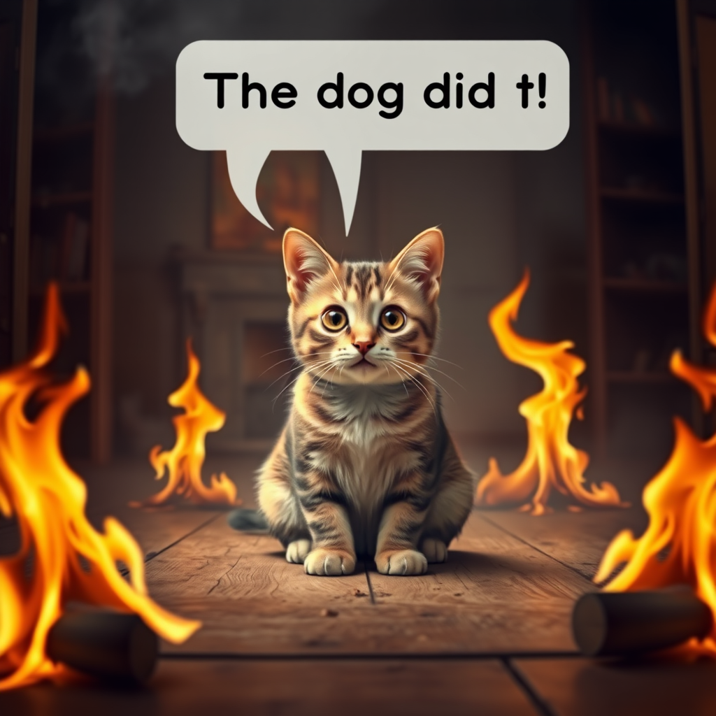 Photorealistic image of an innocent-looking cat sitting calmly in the middle of a burning room. Flames engulf the room, with fire licking up the walls and smoke filling the air. The cat is sitting on the floor, looking directly at the viewer with wide, innocent eyes. Above the cat, a speech bubble says "The dog did it!" The contrast between the cat's calm demeanor and the chaos around it creates a humorous and surreal scene.