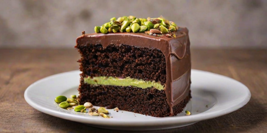 Generate an image of a slice of chocolate cake with a rich, glossy chocolate frosting, layered with a creamy filling and sprinkled with chopped pistachios around the edges. The cake should appear moist and fluffy, showcasing its texture and layers. The background should be soft and blurred to emphasize the cake.