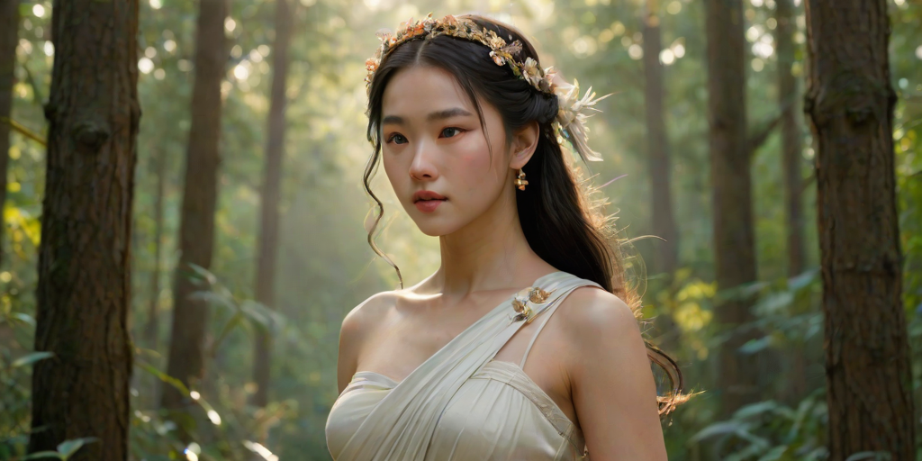 Create a portrait of a goddess-like Chinese girl figure in a tranquil, forested environment. She has an elegant appearance with long, wavy hair styled in an updo and adorned with a delicate, floral headband. She wears a flowing, ancient Greek-inspired gown in a soft, pale color, featuring a one-shoulder design and draped fabric that accentuates her graceful form. The outfit includes a decorative belt with ornate gold detailing, and she holds a bow in her hand, with a quiver of arrows slung over her shoulder. The background depicts lush greenery, with sunlight filtering through the trees, casting a gentle, ethereal light on the scene. Her expression is calm and contemplative, embodying a sense of wisdom and serenity.