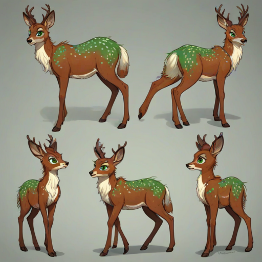front view, side view, back view, multiple views, reference sheet, full body, source_furry, PennyCarson, deer, ebonytails, female, freckles, green eyes