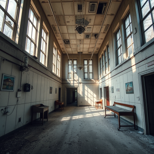 abandoned hospital interior, sunlight streaming through windows, dusty and decayed atmosphere, wide-angle view, soft focus, ISO 100, f/8, 1/60 sec, DSLR camera, 24mm lens, high dynamic range imaging