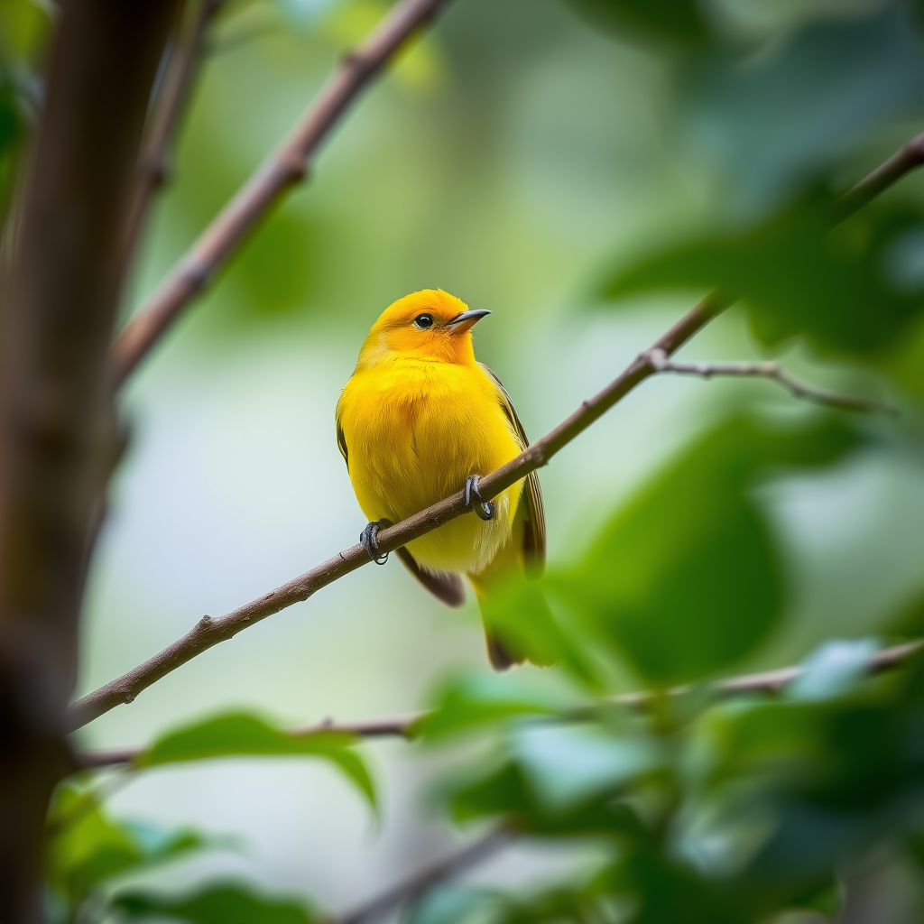 A vibrant yellow bird perched on a branch surrounded by green foliage, captured with a Canon EOS R5, 70-200mm lens, aperture f/2.8, ISO 200, 1/1000 sec, shallow depth of field for a blurred background effect.
