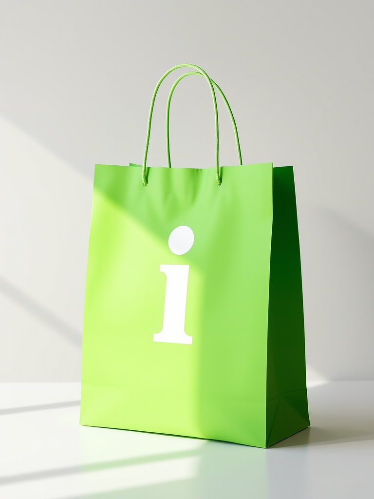 Create a minimalist design of a green shopping bag with a white lowercase "i" in the center, shot with a Canon EOS R5 camera at f/8 aperture, 24mm focal length, ISO 100, in soft natural light against a gradient background.