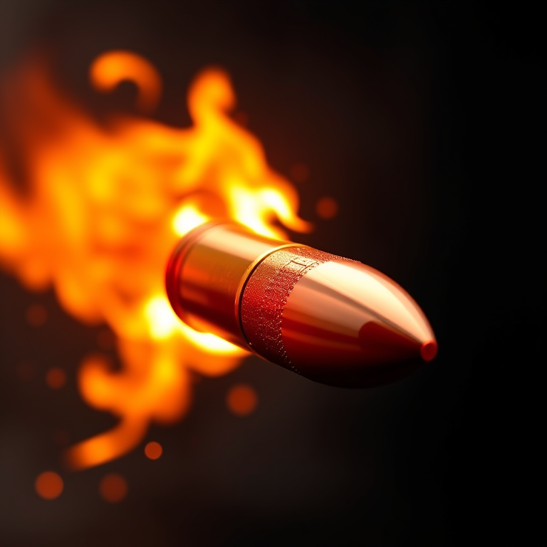 create an animated bullet with flames trailing behind it, dynamic motion effect, high resolution, 4K quality, soft lighting, macro lens, wide-angle view, DSLR camera, f/2.8 aperture, ISO 100, shutter speed 1/250s
