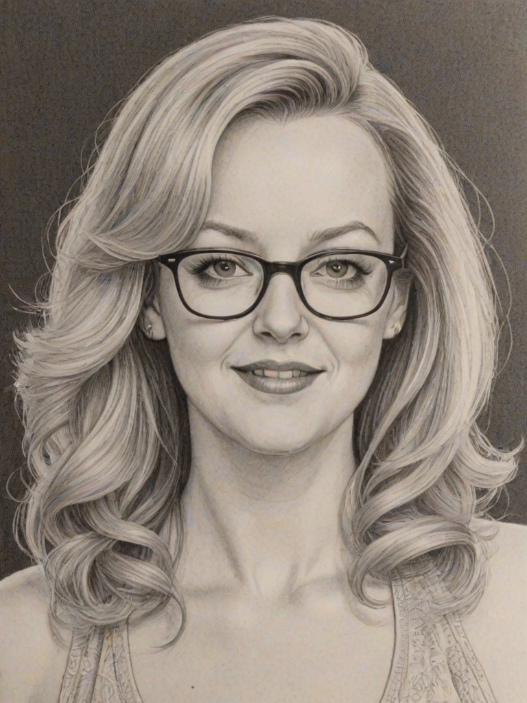 Superb Wendi McLendon-Covey, pencil sketch, portrait of Sublime woman 1979s in glasses, hair style beatnik, outline, clear lines, fine lines, 8k