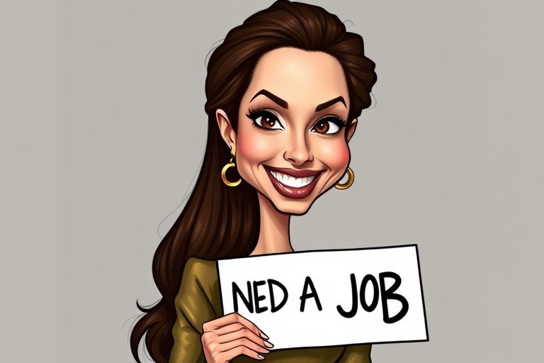 caricature of a smiling Angelina Jolie in a Brass dress or suit, holding up a sign that says "NEED A JOB", no watermark,