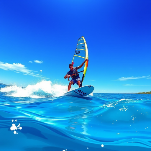 Generate an illustration of a windsurfer on water, using a digital art style with vibrant blues, capturing a dynamic action pose, with a sharp focus and high contrast, resembling a vector graphic, 4K resolution, shot from a low angle to emphasize movement and energy.