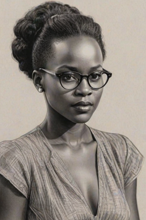 Pleasing Lupita Nyong'o, pencil sketch, portrait of Bewitching woman 1938s in glasses, hair style beatnik, outline, clear lines, fine lines, 8k
