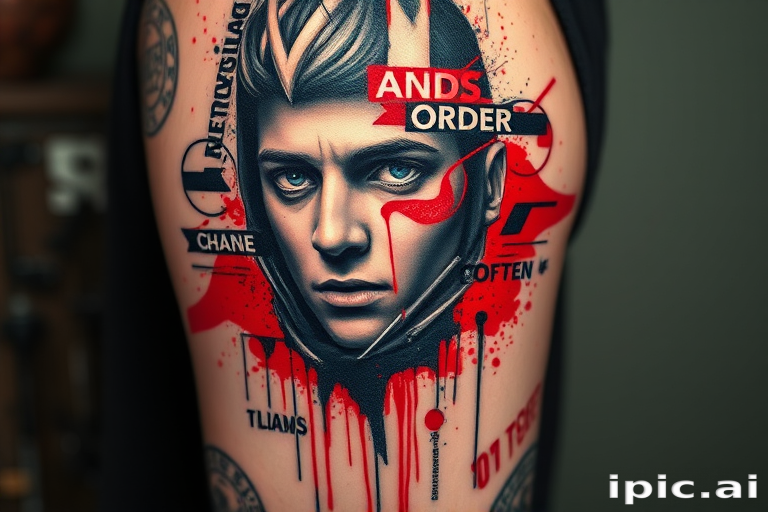 Trash polka tattoo titled "Chaos and Order" featuring a striking combination of realistic portraiture and abstract elements, with bold splashes of vibrant red ink contrasting against black and gray photorealistic details, incorporating typography and geometric shapes to create a dynamic and visually arresting composition, utilizing negative space and deliberately "unfinished" areas to add to the raw and edgy aesthetic, ideal for those seeking a bold and unconventional tattoo style that pushes the boundaries of traditional design