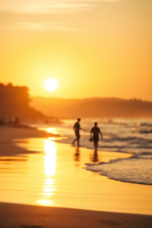beach at sunset with people walking along the shore, warm golden tones, soft focus, Canon EOS R5, 50mm lens, f/1.8, ISO 200, aperture priority mode, low angle view, shallow depth of field
