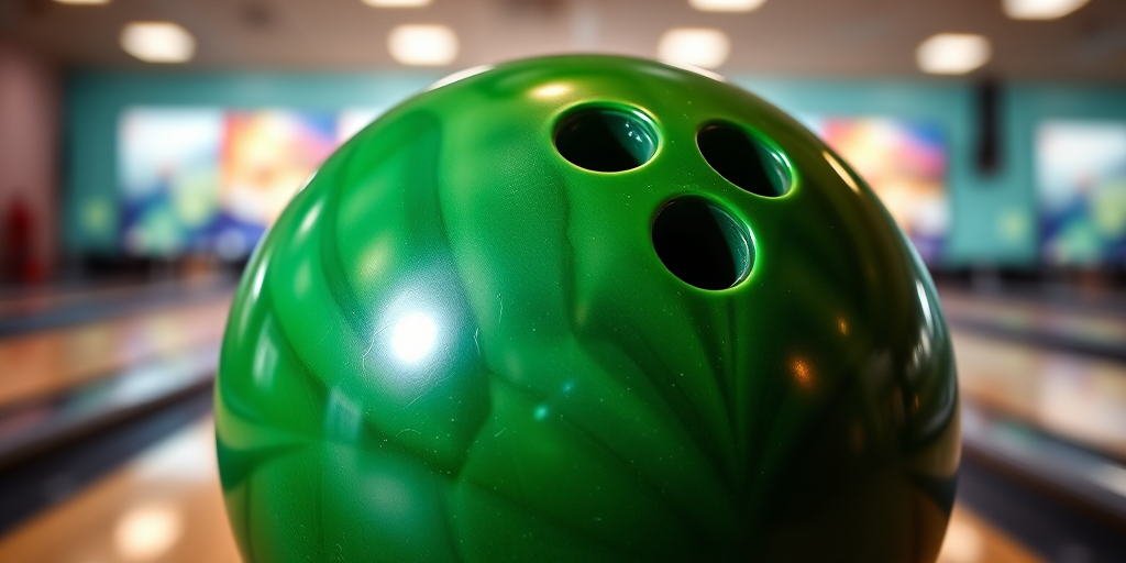 Create a high-resolution image of a glossy green bowling ball with three finger holes, using a 50mm lens at f/2.8, in a well-lit indoor bowling alley setting, captured with a DSLR camera from a slightly elevated angle to emphasize its sleek surface and contours.