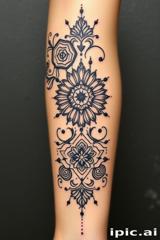 Ornamental blackwork tattoo called "Mehndi Fusion" combining traditional henna patterns with geometric elements and dotwork shading for a modern twist on ancient art