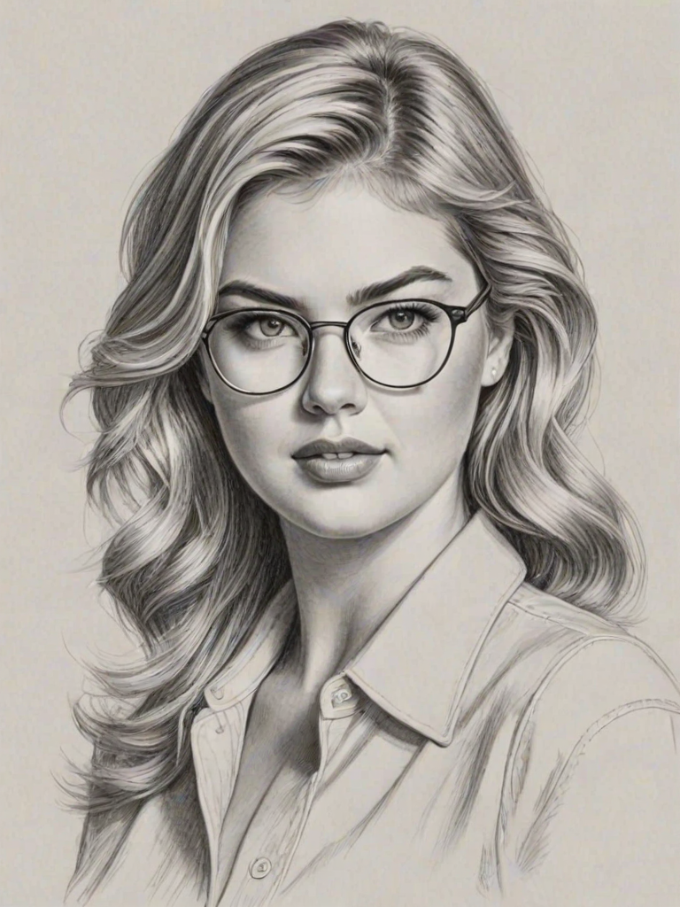 Attractive Kate Upton, pencil sketch, portrait of Lovely woman 1942s in glasses, hair style beatnik, outline, clear lines, fine lines, 8k