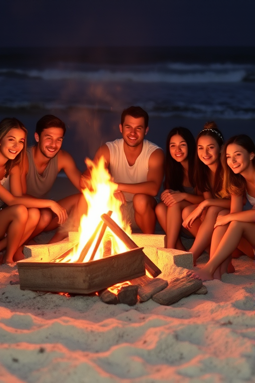 Group of friends gathered around a campfire on the beach, their faces illuminated by the fire's warm glow, and the sound of waves crashing nearby.