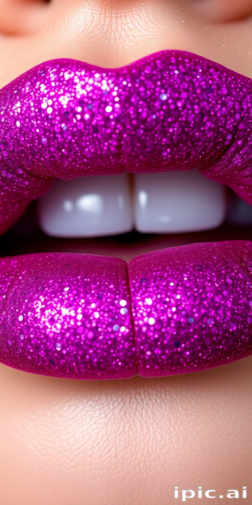 Dazzling representation of glitter-infused magenta lips, showcasing vibrant color and sparkling texture in macro detail
