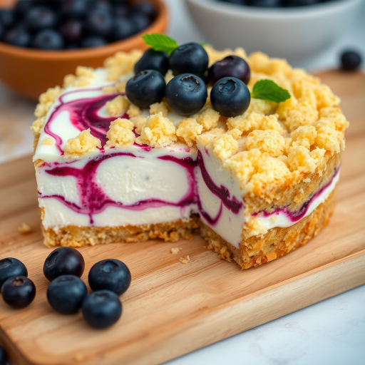 A delicious layered dessert featuring creamy white filling with swirls of purple berry sauce topped with golden crumbly crust and fresh blueberries garnishing the top served on a wooden cutting board with a bowl of blueberries in the background.
