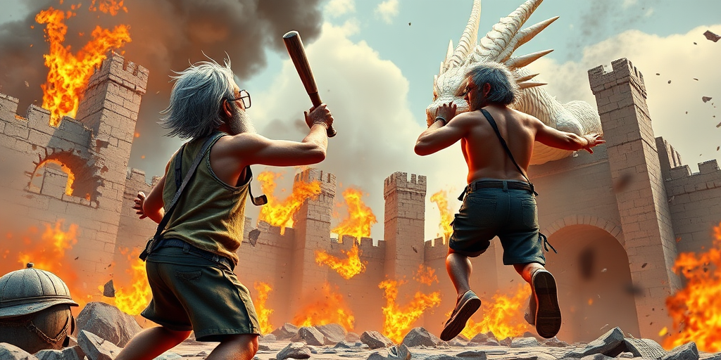 Cartoon 3D High-Resolution,dynamic battle scene using Unreal Engine 5 and Octane Render. The scene features back of an elderly, thai man with a beard,messy hair and round golden-rimmed glasses. He is wearing a tattered tank top with soot marks, shorts, and sandals. sweating. he wields a baseball bat. He jump to fight with a white fire-breathing Europe dragon amidst a partially destroyed stone castle. Include intense flames, smoke, and debris to enhance the dramatic effect.