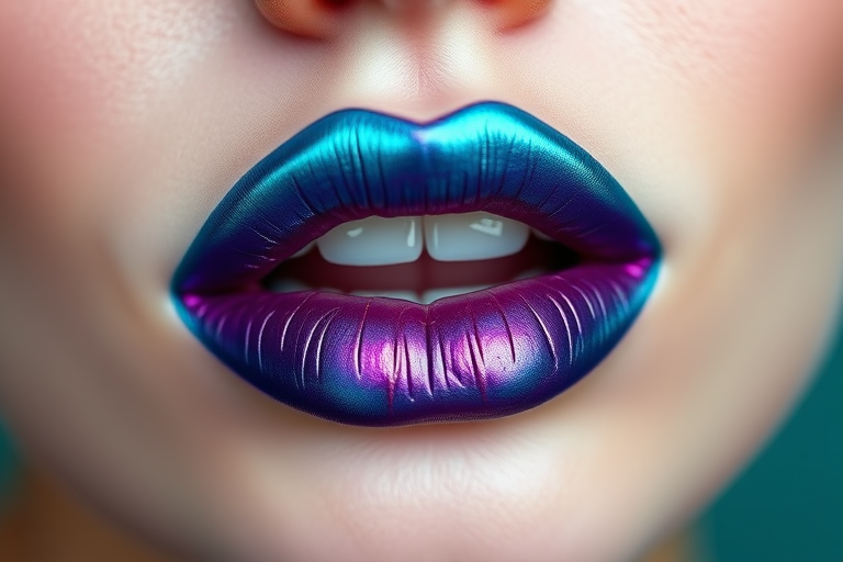Duochrome teal-to-purple lips, dubbed "Mermaid's Tale," showcase a mesmerizing color-shifting effect and a long-wearing formula