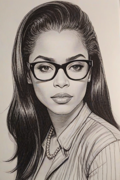 Elegant Aaliyah Haughton, pencil sketch, portrait of Superb woman 1945s in glasses, hair style beatnik, outline, clear lines, fine lines, 8k