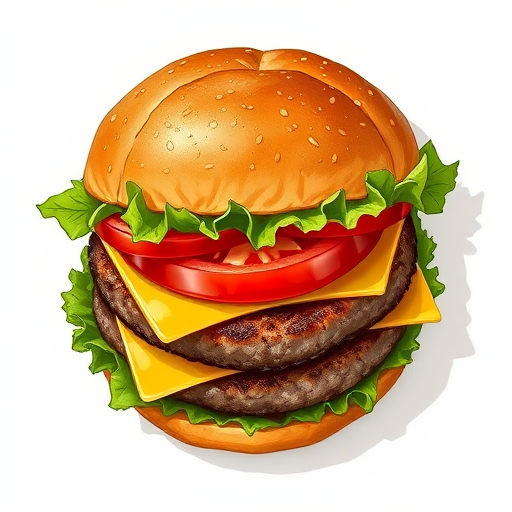 Create a highly detailed illustration of a classic hamburger, featuring layers of lettuce, tomato, cheese, and a juicy patty, captured with a 50mm lens at f/2.8, 1/60s shutter speed, and ISO 100, in a top-down view, using a DSLR to enhance color vibrancy and clarity.