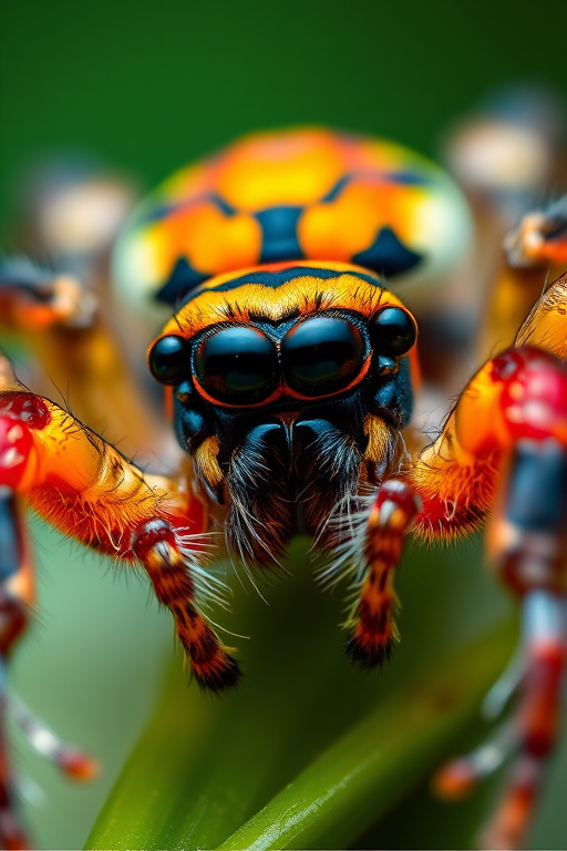 macro shot of a brightly colored spider with detailed textures, shallow depth of field, f/2.8 aperture, ISO 100, 1/200 sec shutter speed, angled from slightly above to emphasize its features, using a DSLR camera with a 100mm macro lens and soft natural lighting to enhance clarity and contrast