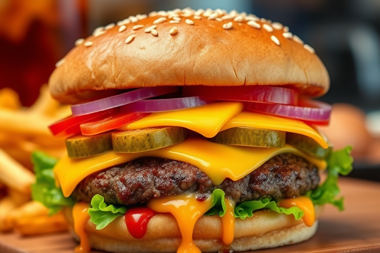High-resolution, close-up image of a gourmet double cheeseburger. The burger features a glossy, sesame-seed-topped brioche bun. Inside, there are two thick, juicy beef patties, each topped with melted cheddar cheese. The burger is garnished with fresh lettuce, tomato slices, diced onions, and pickles. A generous amount of ketchup and a creamy, orange-colored sauce is dripping down the sides, adding to the mouth-watering appeal. In the background, there are blurred elements including a side of golden French fries and a hint of a beverage, enhancing the overall presentation of a delicious meal.
