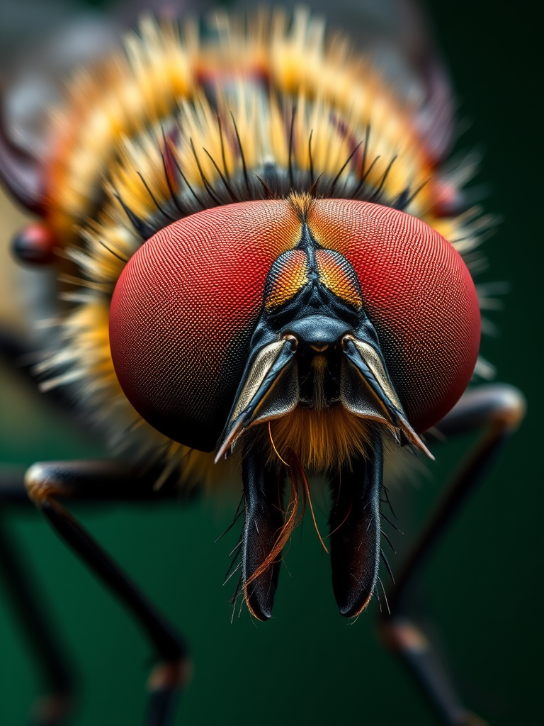 Generate a highly detailed, hyper-realistic image of a fly with prominent textures and colors in a close-up view, using a macro lens at f/16, ISO 100, and a shutter speed of 1/200 sec, captured with a DSLR camera in soft natural lighting to enhance sharpness and depth.