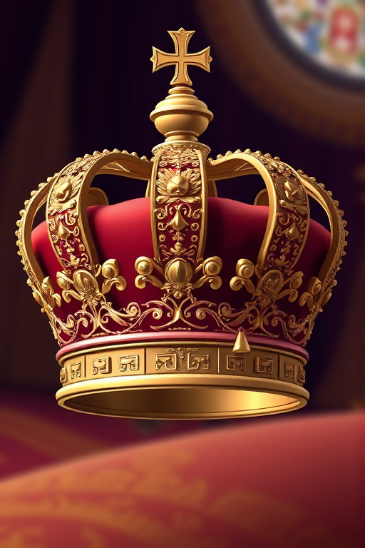 Create a detailed digital illustration of an ornate royal crown with intricate designs, using a 50mm lens, f/2.8 aperture, 1/125 shutter speed, shot at eye level with a shallow depth of field for a blurred background, rendered in a high-resolution vector style.