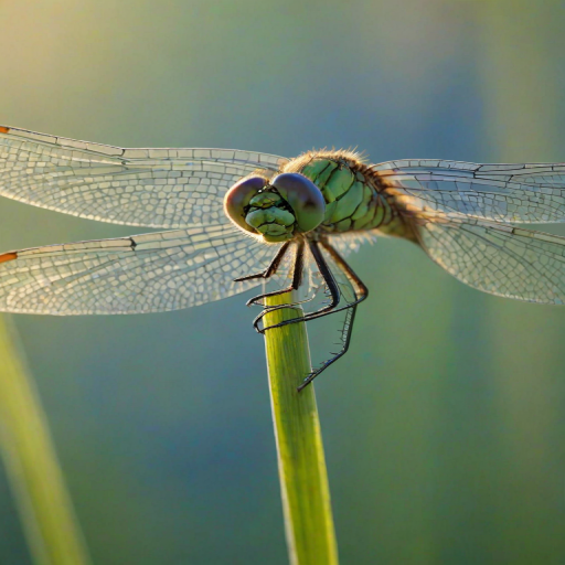 Softly focused close-up of a dragonfly resting on a blade of grass at dawn, soft morning light catching the delicate wings, with vibrant green and blue hues in the background blending into a peaceful atmosphere.