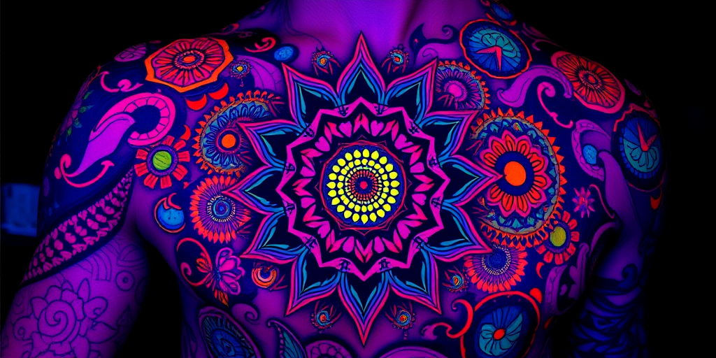 Psychedelic tattoo titled "Kaleidoscope Dreams" showcasing swirling, vibrant patterns and mandalas that seem to move and shift, incorporating UV-reactive ink for an extra dimension in blacklight
