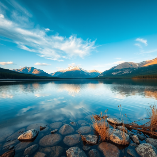Create a high-resolution image of a serene landscape with mountains in the background and a calm lake in the foreground, using a DSLR camera set to f/8 aperture, ISO 100, 1/125 shutter speed, taken from a low-angle perspective to capture reflections on the water, with vibrant colors and high dynamic range.